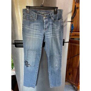 Eddie‎ Bauer Embroidered Floral Patchwork Jeans Mid-Rise Blue Denim Women's SZ 4